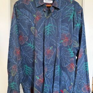 Tommy Bahama Navy Tropical Floral Button-Up Shirt with Teal & Red Accents
